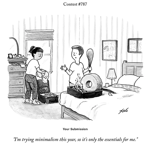 A couple packs there things into their respective luggage; the woman looks back at her partner as she folds her clothes into the suitcase; the man turns and explains something expressively, with a caveman' bat in one hand and a stone wheel as a burning campfire in his own suitcase; caption reads "I' trying minimalism this year, so it's only the essentials for me."