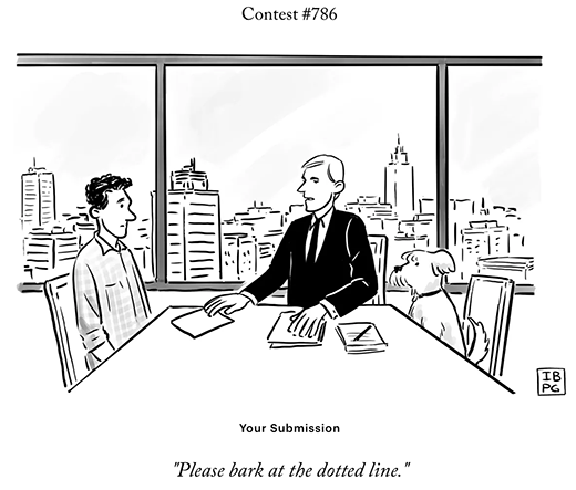 A lawyer sits at the head of a meeting table with a man and a dog on each side of him, facing each other; he pushes a page towards the man with another pile of paperwork laid at the center of the table; caption reads "Please bark at the dotted line."